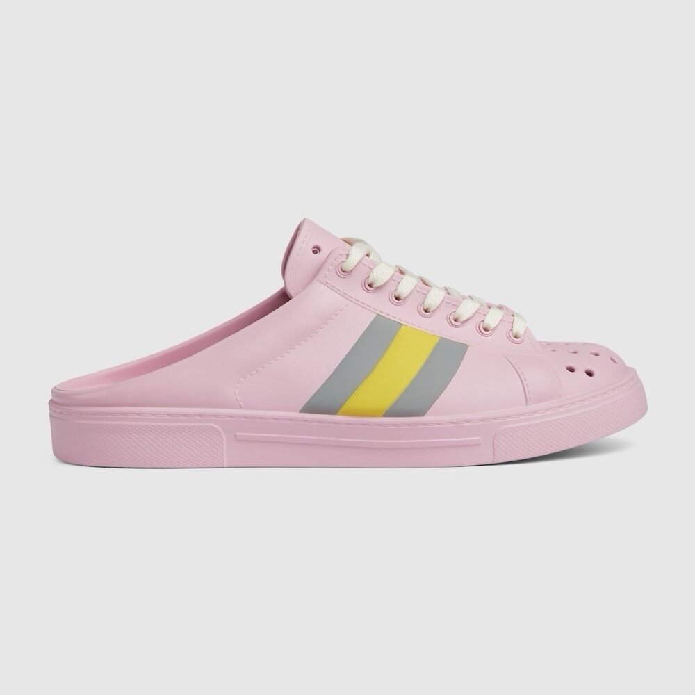 Pink Mules with Yellow and Gray Stripes